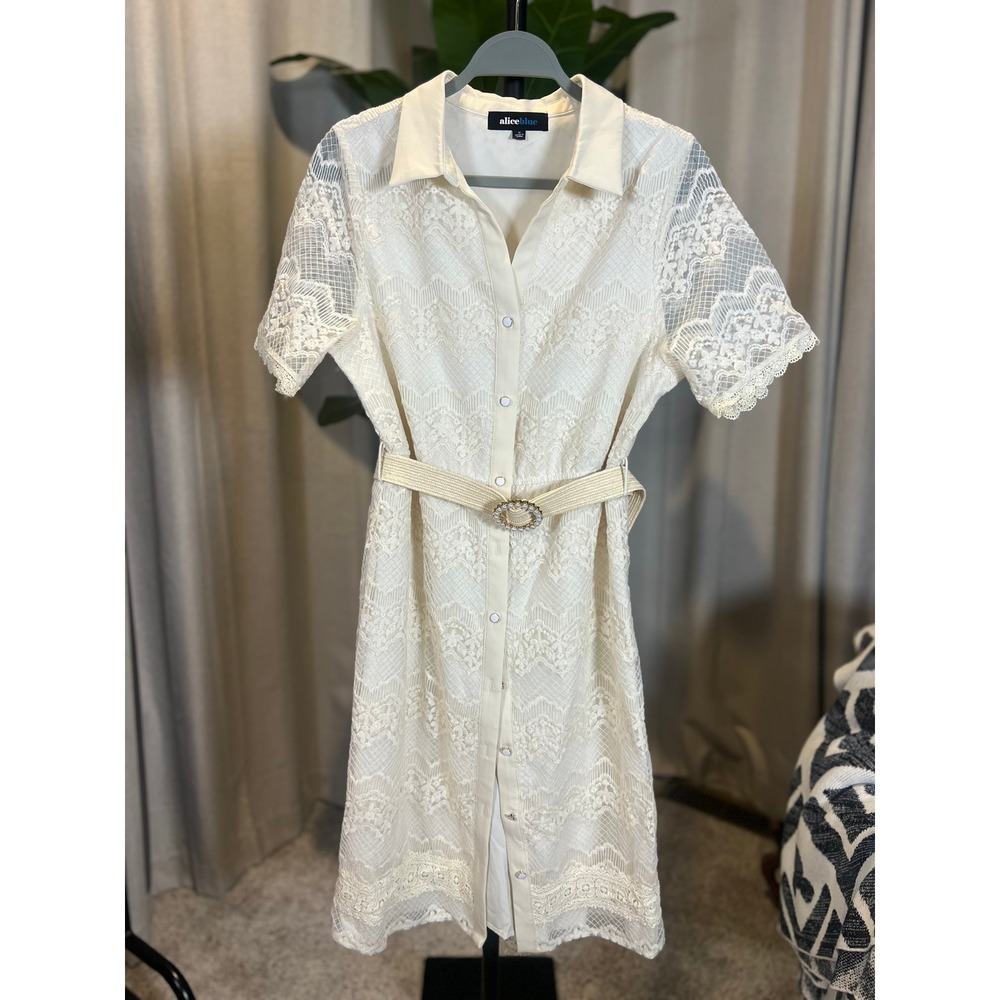 Alice Blue Cream Floral Lace Shirt Dress Short Sleeve Pearl Belted Midi Womens M